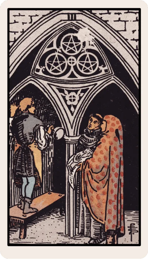 Tres de Oros, carta del tarot Rider-Waite