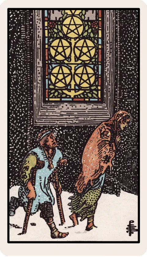 Cinco de Oros, carta del tarot Rider-Waite