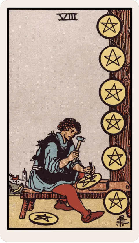 Eight of Pentacles, Rider-Waite tarot card