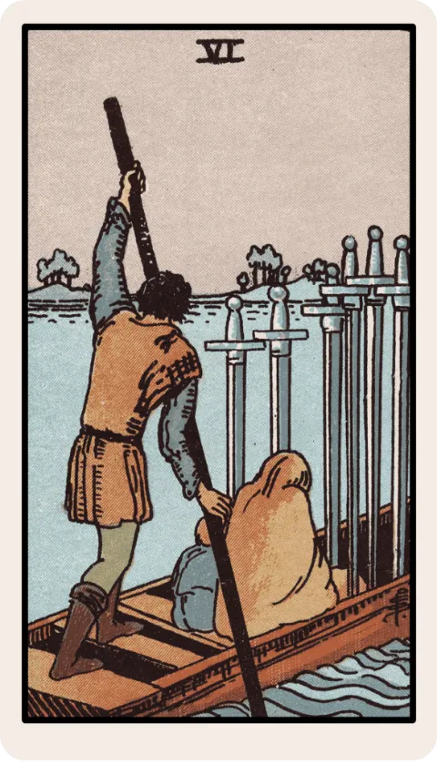 Seis de Espadas, carta del tarot Rider-Waite