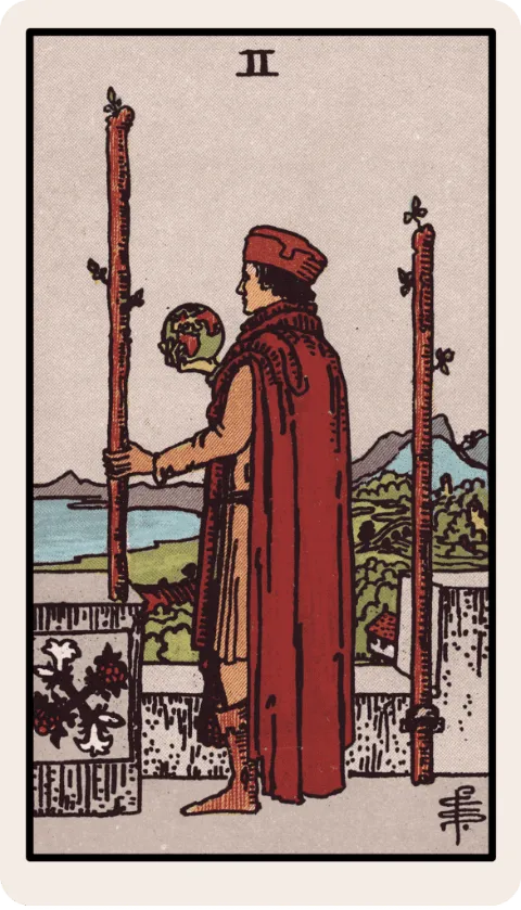 Dos de Bastos, carta del tarot Rider-Waite
