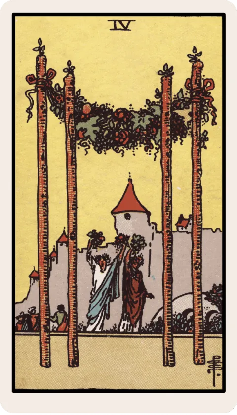 Cuatro de Bastos, carta del tarot Rider-Waite
