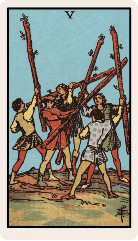 Cinco de Bastos, carta del tarot Rider-Waite