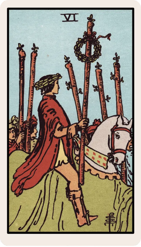 Seis de Bastos, carta del tarot Rider-Waite