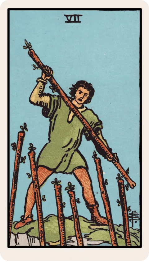 Seven of Wands, Rider-Waite tarot card